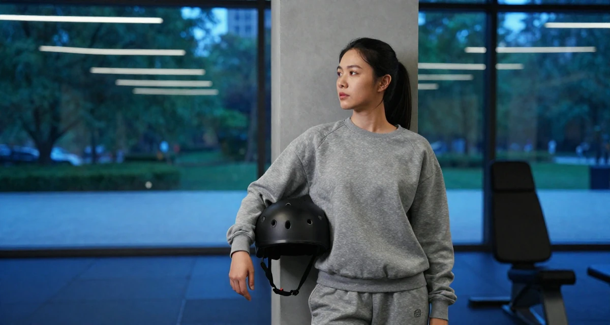 A thoughtful Female Previously a chemistry student, now shooting artistic self-portrait content in their 25, preparing for larger adult responsibilities, wearing a relaxed jogger and sweatshirt combo, holding a helmet under one arm in a gym interior.