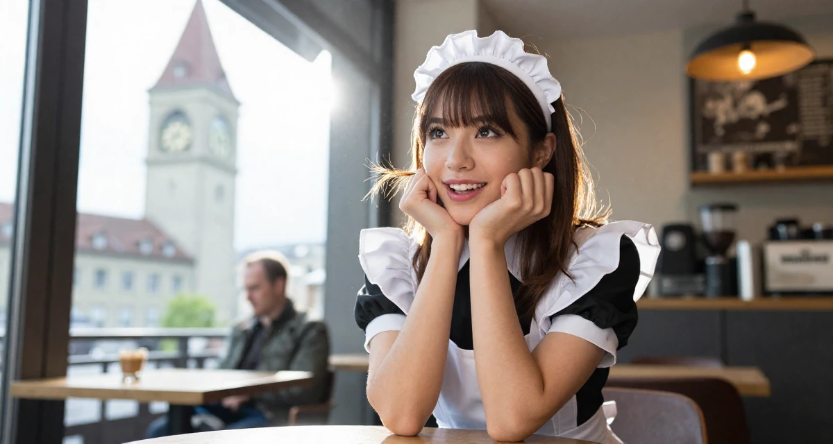 A enthusiastic Female From Geneva Switzerland, studied elegance-based visual storytelling in their 23, making decisions that will shape future lifestyle, wearing a maid outfit with a white apron and ruffled headband, fixing a loose strand of hair in a coffee shop corner.