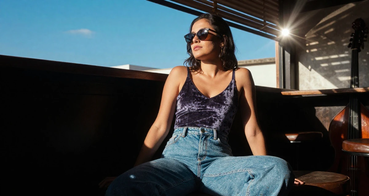 A dreamy Female From Brazil, studied software engineering in their 23, deciding between safe and risky career moves, wearing a velvet bodysuit and high-waisted mom jeans, lowering sunglasses to look out in a dimly lit jazz bar.
