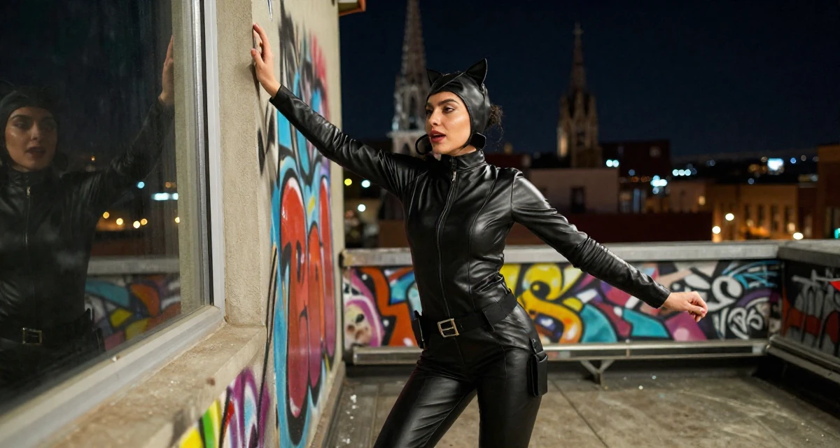 A refreshed Female Born in Iran, majored in multimedia communication in their 40, re-evaluating life goals with clarity, wearing a tight leather cat burglar suit with a utility belt, checking a reflection in a window in a supermarket aisle.