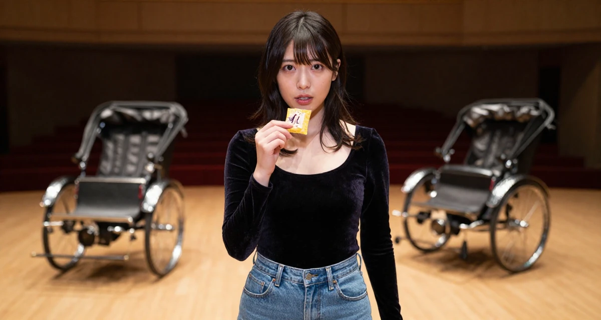 A grounded Female From Japan, based in Fukuoka, graduated from a media college majoring in soft-glam creative production in their 25, realizing 25 is still incredibly young, wearing a velvet bodysuit and high-waisted mom jeans, holding a snack in a concert hall.