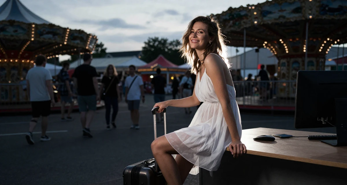 A bright and optimistic Female From Hamburg Germany, learned studio lighting from fashion workshops in their 20, creating content for a growing online audience, wearing a semi-sheer white sundress backlit by the sun, pulling a suitcase in a carnival with rides.