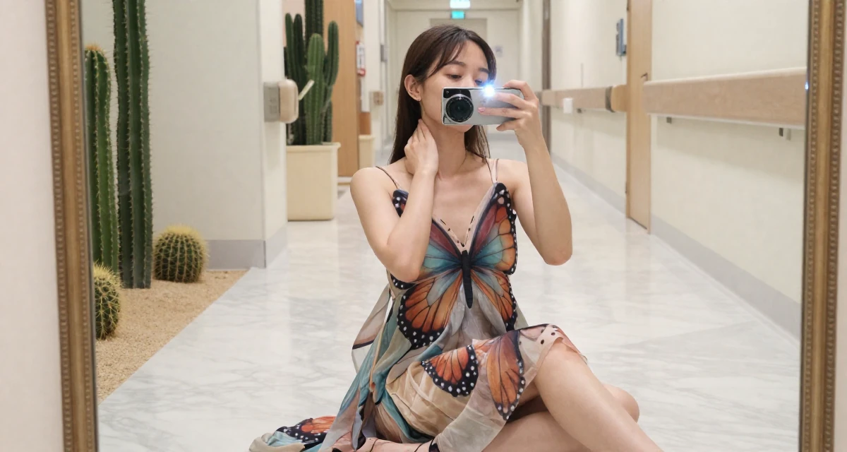 A tranquil Female From Japan, studied nutrition and food science in their 38, investing in real estate and passive income, wearing a butterfly-themed fairy dress with large wings, massaging the neck in a hospital corridor.