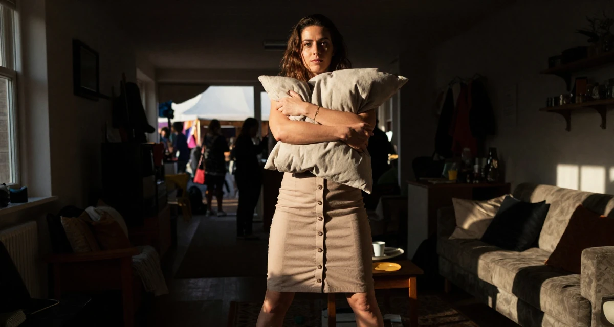 A self-assured Female From the Netherlands, studied user experience design in their 37, focused on building generational wealth, wearing a fitted midi skirt with buttons down the front, hugging a pillow or cushion in a sunlit living room.