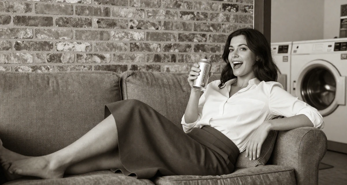 A enthusiastic Female Previously a travel-blog student, now turning trips into premium creator content in their 46, creating a sanctuary at home for relaxation, wearing a asymmetrical hem skirt and a crisp white shirt, holding a beverage can in a laundromat.