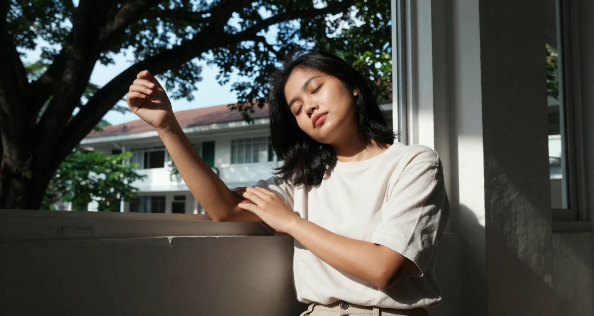 A calm and confident Female From Malaysia, based in Malacca, graduated from a creative college majoring in sensual composition design in their 24, learning to say no without guilt, wearing a clean, neutral-toned casual outfit, adjusting sleeves in a university campus.