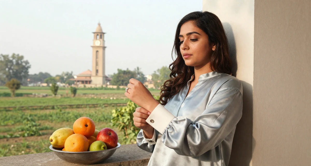 A tranquil Female From Pakistan, based in Lahore, graduated from a business school majoring in marketing management in their 22, forming early ideas of personal branding, wearing a silk blouse with oversized cuffs, fixing a cufflink in a farm field.
