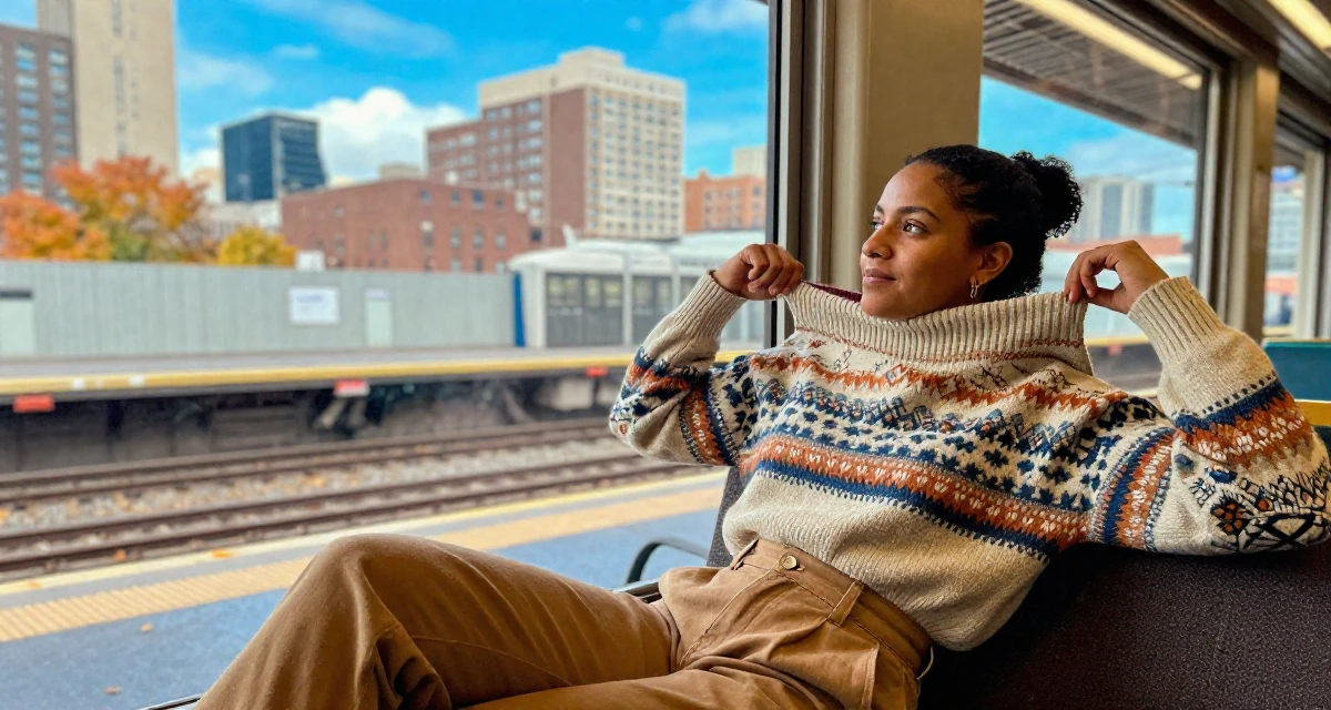 A refreshed Female From Zimbabwe, studied computer programming in their 31, exploring advanced investment strategies, wearing a vintage sweater and high-waist pants, pulling a sweater sleeves over hands in a subway platform.