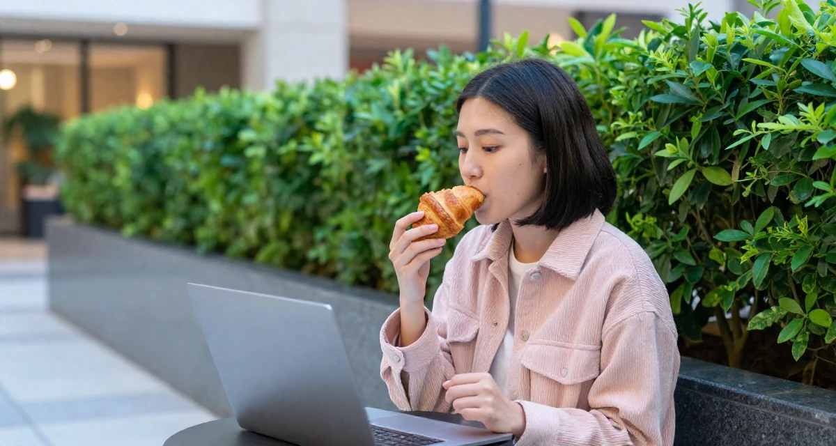 A pensive Female Once a hotel bartender, now creating nightlife-themed fan content in their 22, crafting content at midnight after work shifts, wearing a soft texture corduroy jacket, eating a croissant in a hotel lobby.