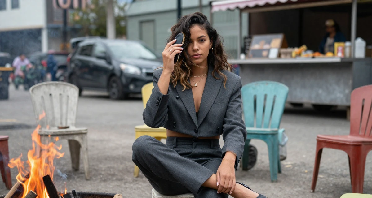 A self-assured Female Born in the Dominican Republic, studied tourism marketing in their 26, learning that trends shift faster than energy can keep up, wearing a cropped blazer and high-waisted trousers set, brushing hair away from the face in a campfire circle.
