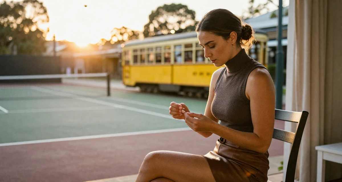 A zen-like Female From Australia, studied sports science and nutrition in their 46, creating a sanctuary at home for relaxation, wearing a fitted turtleneck sleeveless top and a leather mini skirt, inspecting fingernails in a tennis court.
