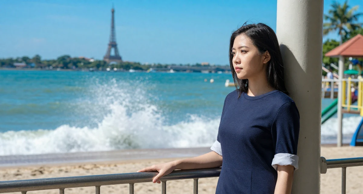 A harmonious Female From Singapore, based in Jurong, graduated from a polytechnic majoring in aesthetic marketing in their 23, looking sophisticated but feeling lost inside, wearing a t-shirt dress with the sleeves rolled up, grabbing a railing for support in a school playground.