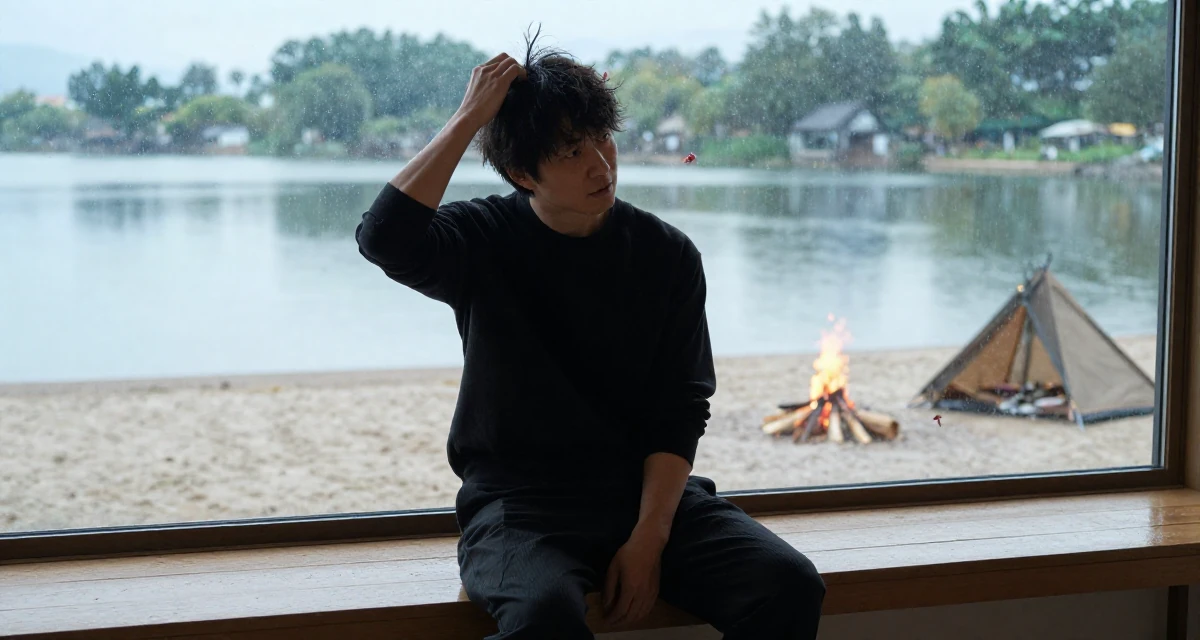 A coy Female From Japan, based in Fukuoka, graduated from a media college majoring in soft-glam creative production in their 38, single dad sharing parenting hacks, wearing a monochromatic black outfit, catching a falling flower petal in a rainy window seat.