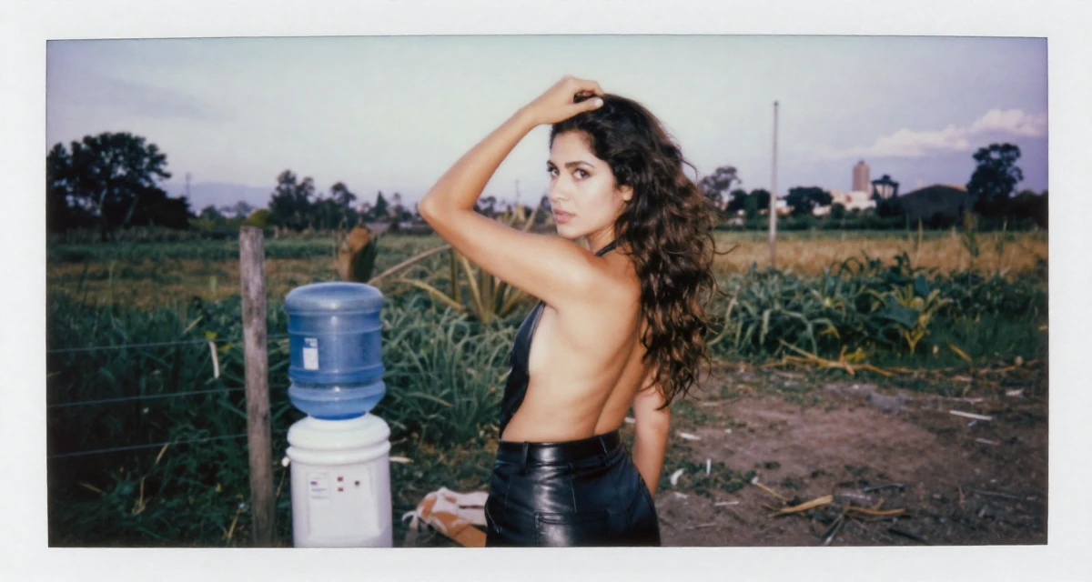 A mysterious Female From Mexico, based in Monterrey, graduated from a private university majoring in communication studies in their 35, enjoying a peak physical and mental state, wearing a sleek leather pants styling, scratching the head in confusion in a farm field.