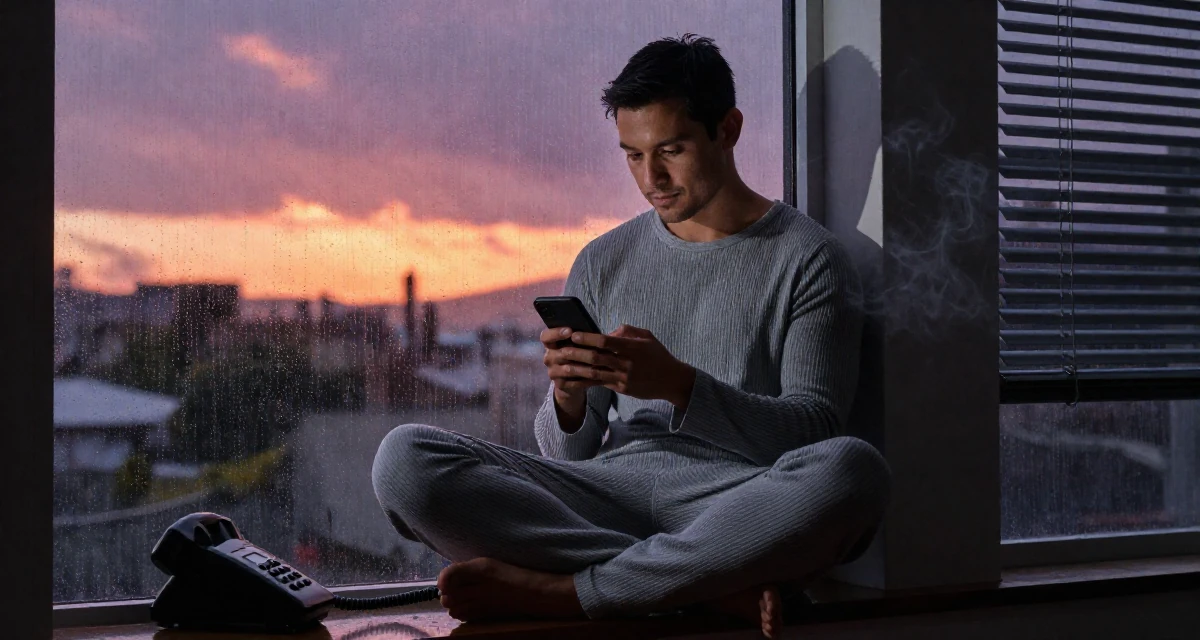 A zen-like male From Wellington New Zealand, majored in sociology in their 25, experimenting with playful photos that boost confidence, wearing a ribbed lounge set that hugs the curves, checking a phone in a rainy window seat.