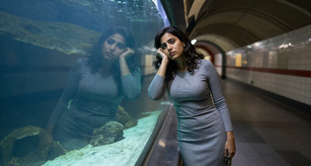 A nostalgic Female From Arabic-speaking world, majored in geology in their 48, sharing lessons learned from failure, wearing a tight knit midi dress with long sleeves, holding a set of keys in a aquarium tunnel.