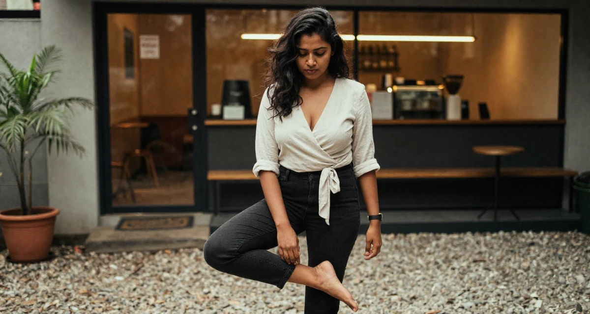 A mysterious Female From Sri Lanka, based in Kandy, graduated from a regional institute majoring in advertising in their 25, managing fluctuating confidence, wearing a wrap blouse with a deep neckline, rolling up sleeves in a basement studio.