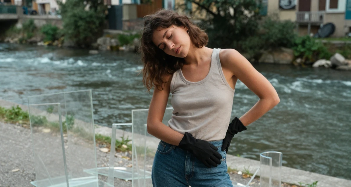A sleepy Female From Milan Italy, studied fashion styling in their 28, realizing rebranding is emotionally draining, wearing a simple tank top and jeans, putting on a glove in a basement studio.