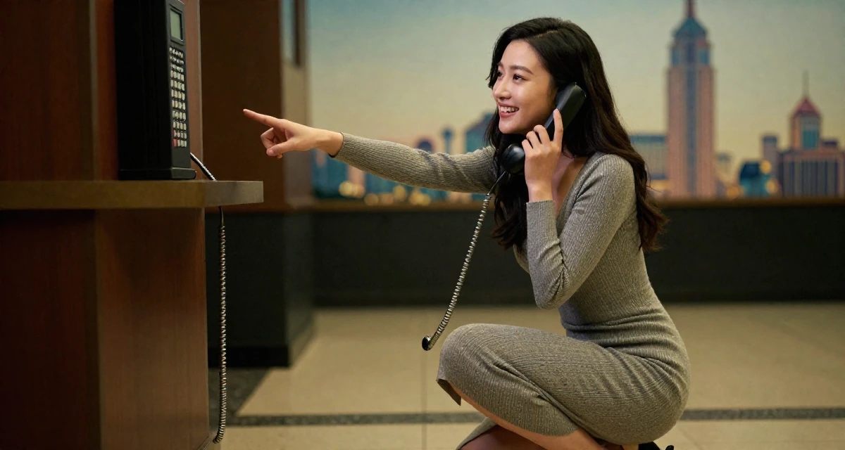 A upbeat Female From Nanjing China, graduated with a finance major in their 38, capturing cinematic moments of daily life, wearing a tight knit midi dress with long sleeves, pointing at something nearby in a cinema entrance.