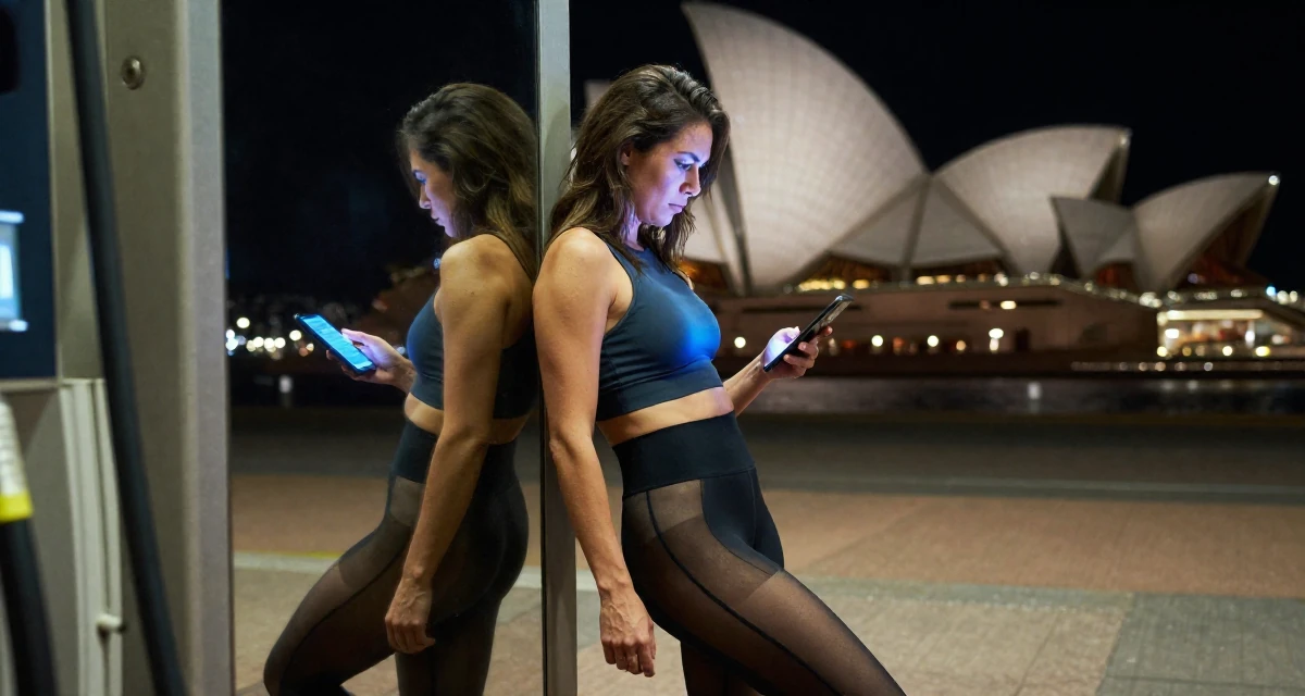 A rebellious Female Born in Norway, majored in consumer psychology in their 31, navigating the balance between career and new motherhood, wearing a sheer paneled leggings and a sports crop top, looking down at the ground shyly in a gas station at night.