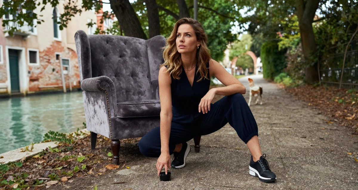 A sophisticated Female Once a dog trainer, now a pet-friendly lifestyle content creator in their 28, questioning whether to scale up or scale back, wearing a chic jumpsuit styling, cracking knuckles in a forest path.