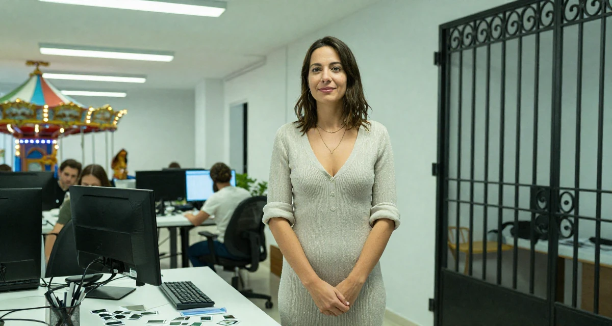 A lighthearted Female From Spain, has a degree in fine arts in their 34, managing a remote team from a home office, wearing a soft knit dress with a plunging neckline, rolling up sleeves in a carnival with rides.