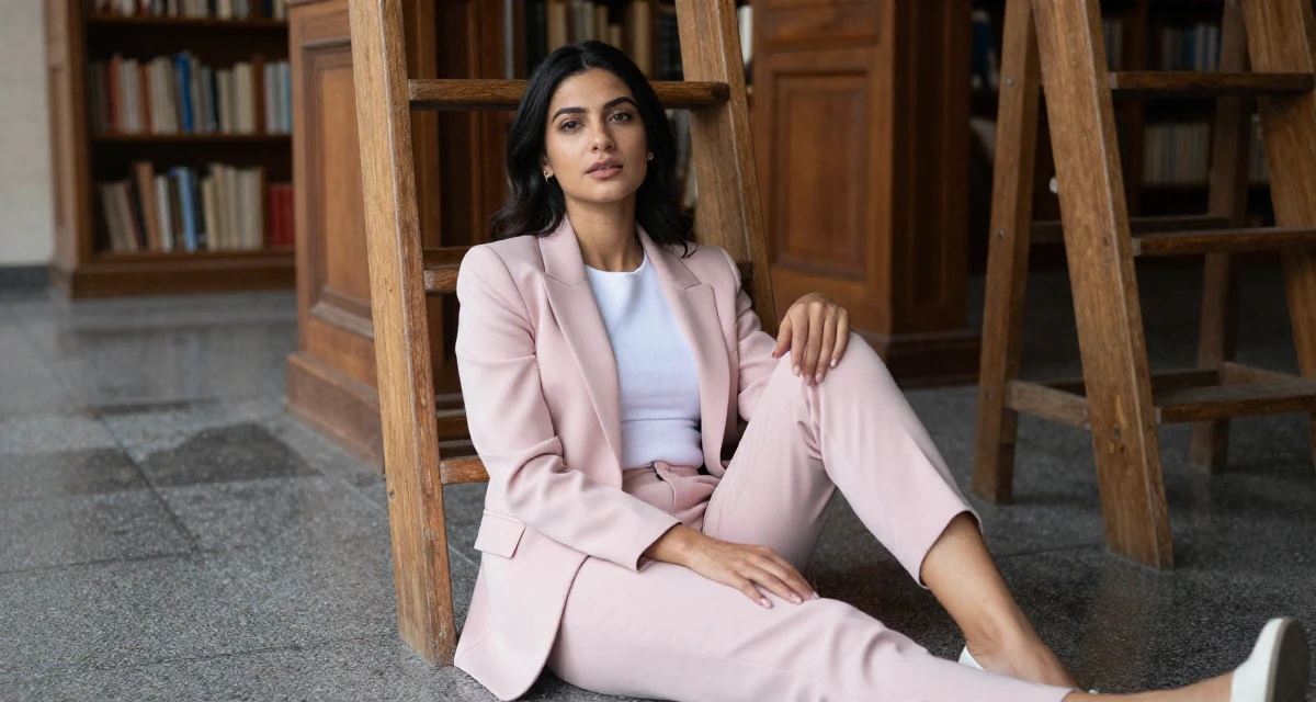 A reserved Female From Dubai UAE, majored in marketing in their 29, trying to plan a future with unpredictable income, wearing a tailored pantsuit in pastel pink with a white top, smoothing out clothes in a old library with wooden ladders.