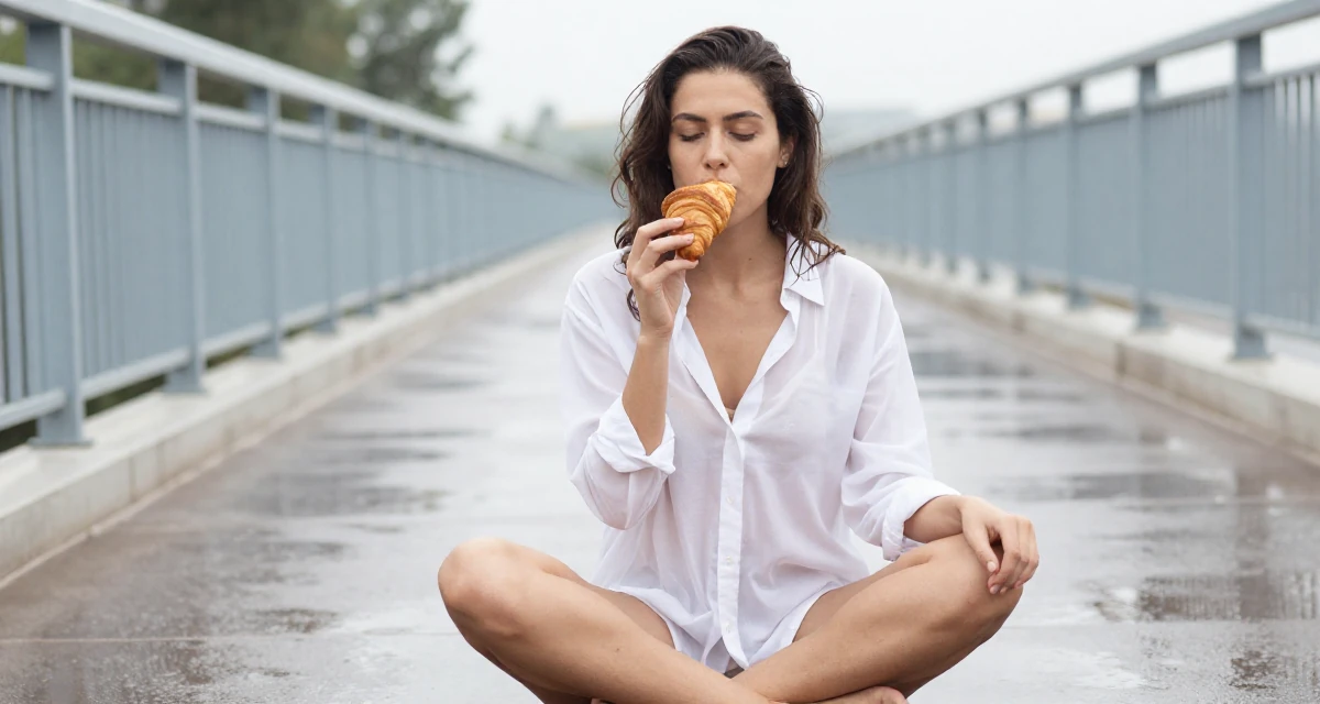 A cold and distant Female Once a delivery driver, now a confidence-focused body-positive creator in their 22, transitioning to more confident, sensual poses, wearing a sheer white blouse with a delicate camisole underneath, eating a croissant in a bridge walkway.