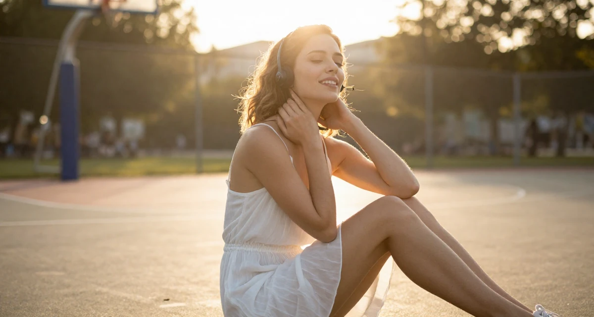 A hopeful Female Once a call-center agent, now a confident camera-ready creator in their 23, tired of the hookup culture and dating apps, wearing a semi-sheer white sundress backlit by the sun, massaging the neck in a basketball court.