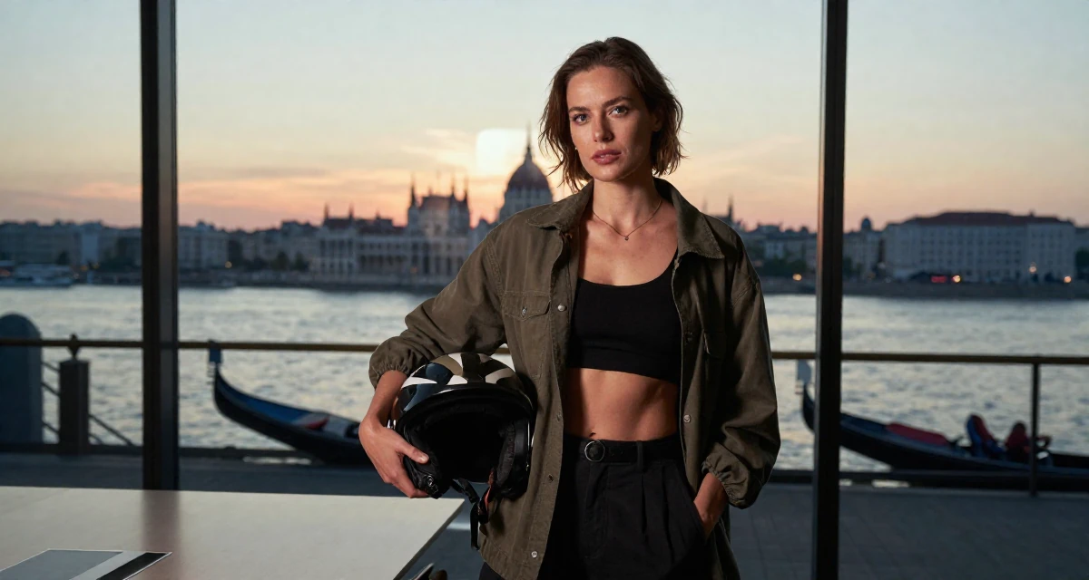 A determined Female From Budapest Hungary, explored sensual character-based content in their 29, preparing for the transition into the 30s, wearing a relaxed streetwear, holding a helmet in a glass-walled conference room.