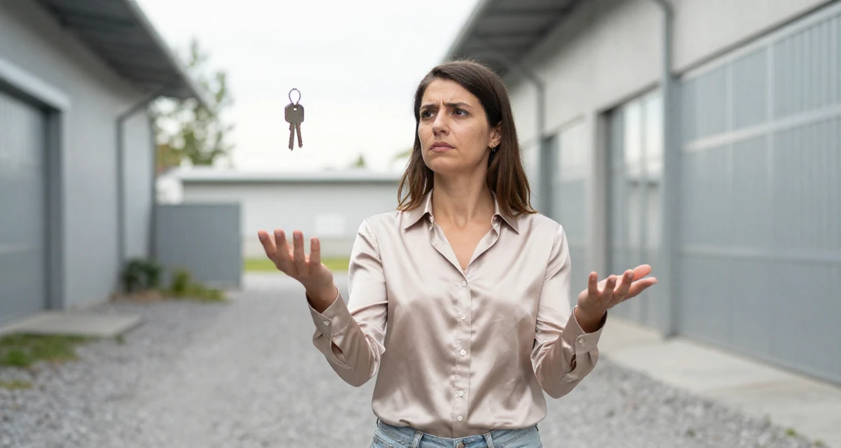 A suspicious Female From Geneva Switzerland, studied international hospitality in their 43, juggling two jobs, wearing a satin button-up shirt in champagne color, holding a set of keys in a industrial warehouse.