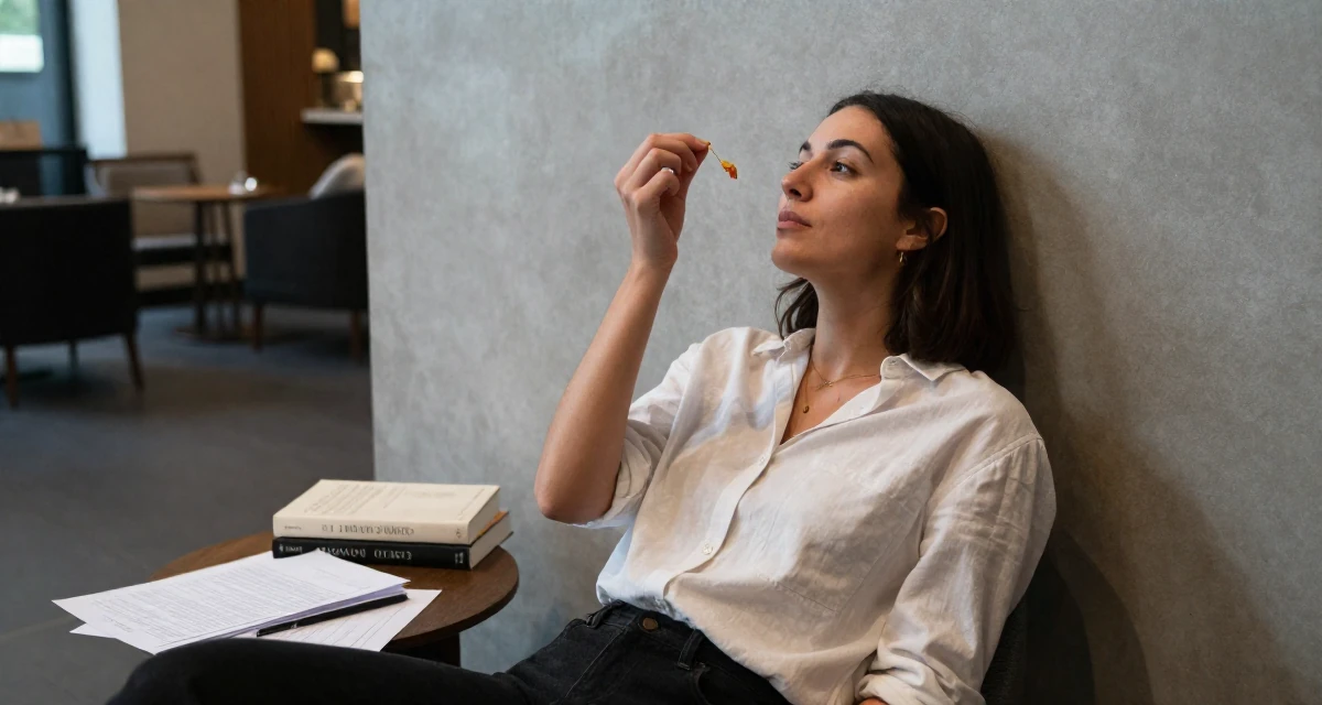 A resolute Female From Melbourne Australia, studied creative directing for social content in their 25, appreciating quiet mornings and routines, wearing a minimalist Scandinavian style, catching a falling flower petal in a hotel lobby.