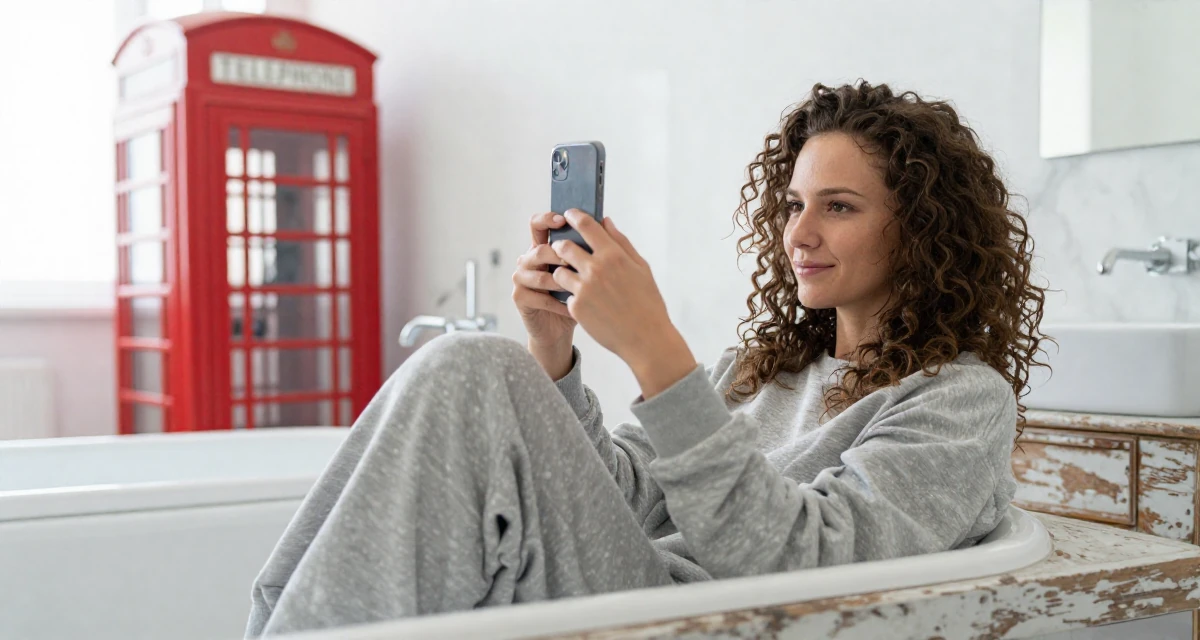 A coy Female From Russia, majored in chemical engineering in their 25, building long-term loyalty with core subscribers, wearing a relaxed streetwear, snapping a photo with a phone in a marble bathroom with a tub.