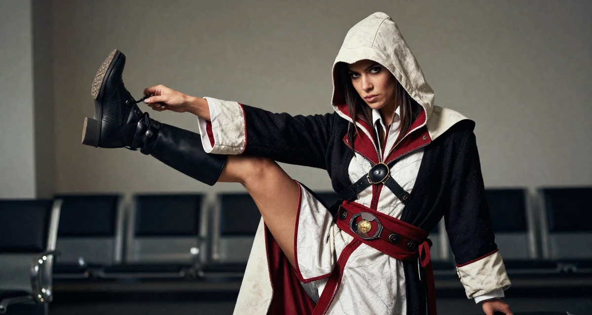 A intense Female From the Netherlands, studied user experience design in their 22, trying to scale content while keeping privacy safe, wearing a assassin creed style hooded robe and tunic, dangling a shoe from one foot in a waiting room.