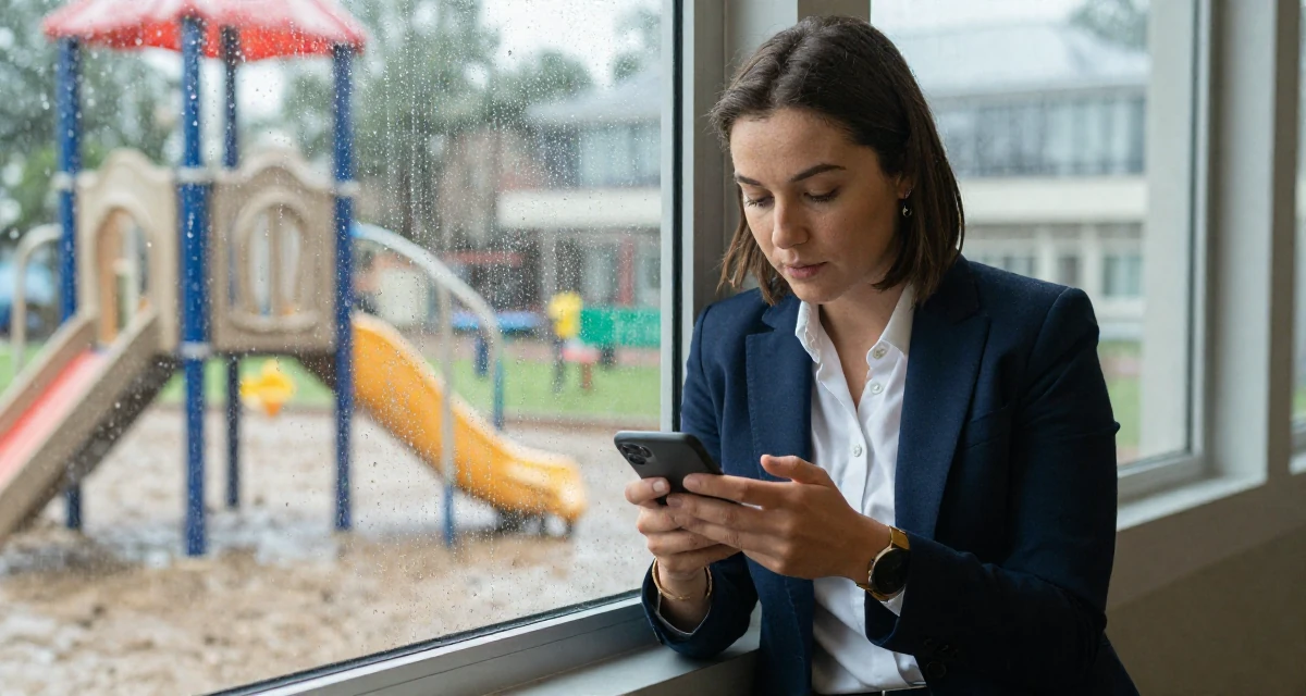 A alert and attentive Female Once a swim camp counselor, now leaning into beach-centered creator storytelling in their 23, realizing content creation requires real discipline, wearing a sharp business casual attire, texting with both thumbs in a school playground.