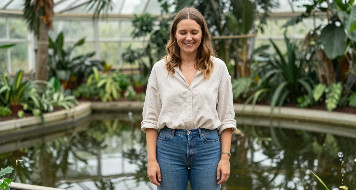 A zen-like Female From Sweden, trained in interior architecture in their 27, recovering from hustle culture fatigue, wearing a loose fitting blouse tucked into tight jeans, laughing softly in a botanical greenhouse.