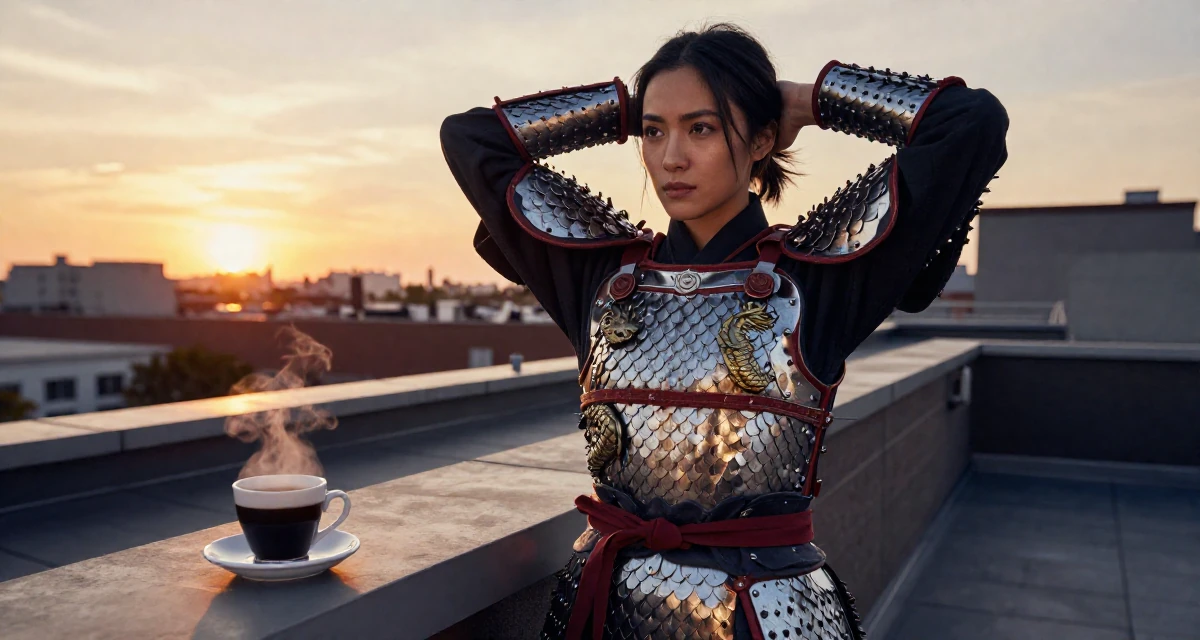 A reflective Female From United States, studied civil service management in their 23, adjusting pricing after analyzing monthly performance, wearing a dragon scale armor texture with metallic sheen, fixing the hem of a skirt in a rooftop terrace at sunset.