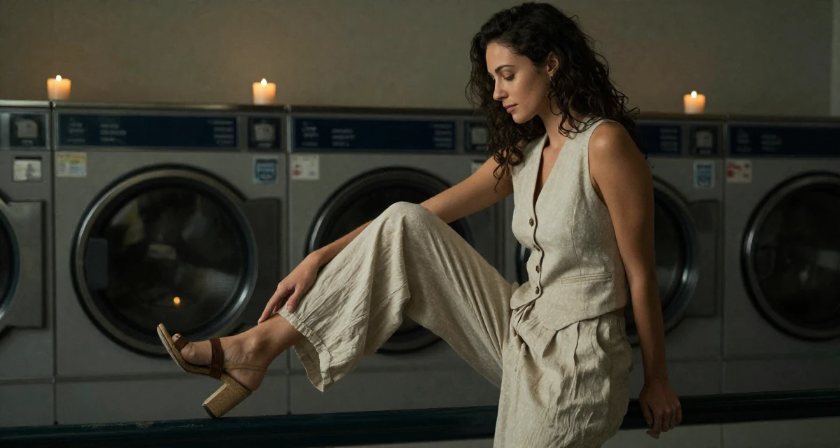 A gentle Female From Rome Italy, studied classical body aesthetics and figure drawing in their 27, investing in equipment instead of vacations, wearing a sleeveless vest top and wide-leg linen pants, tapping a foot in a laundromat.