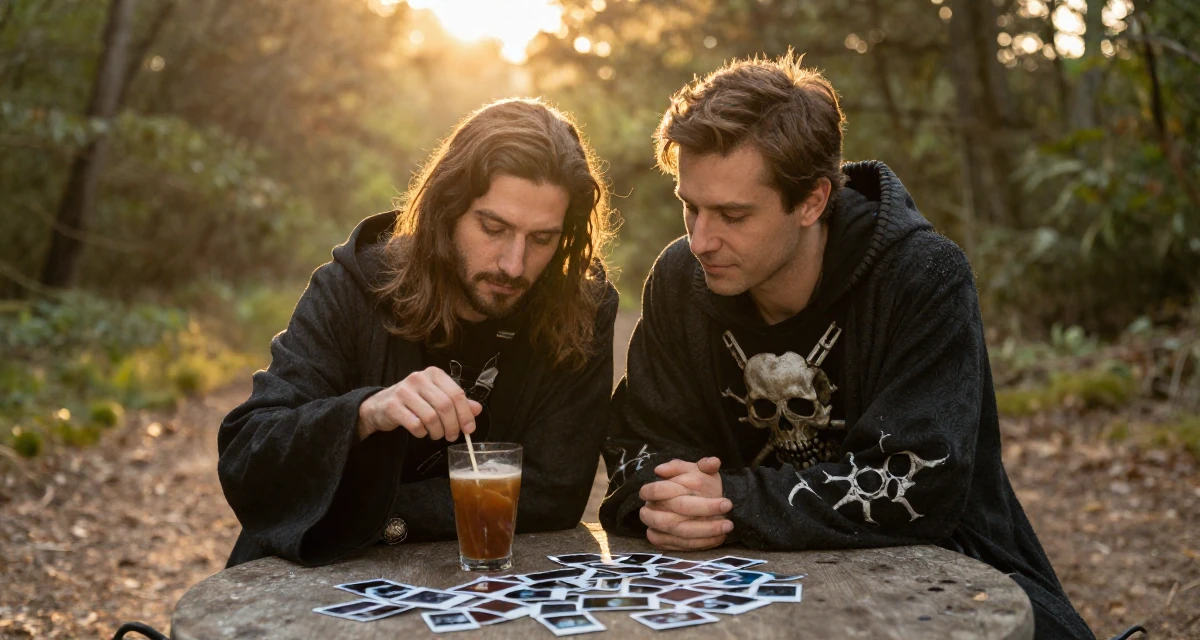 A placid male Former software engineer at 25, now crafting premium lifestyle content in their 46, sharing easy gourmet recipes for two, wearing a dark fantasy necromancer robe with skull motifs, stirring a drink in a forest path.