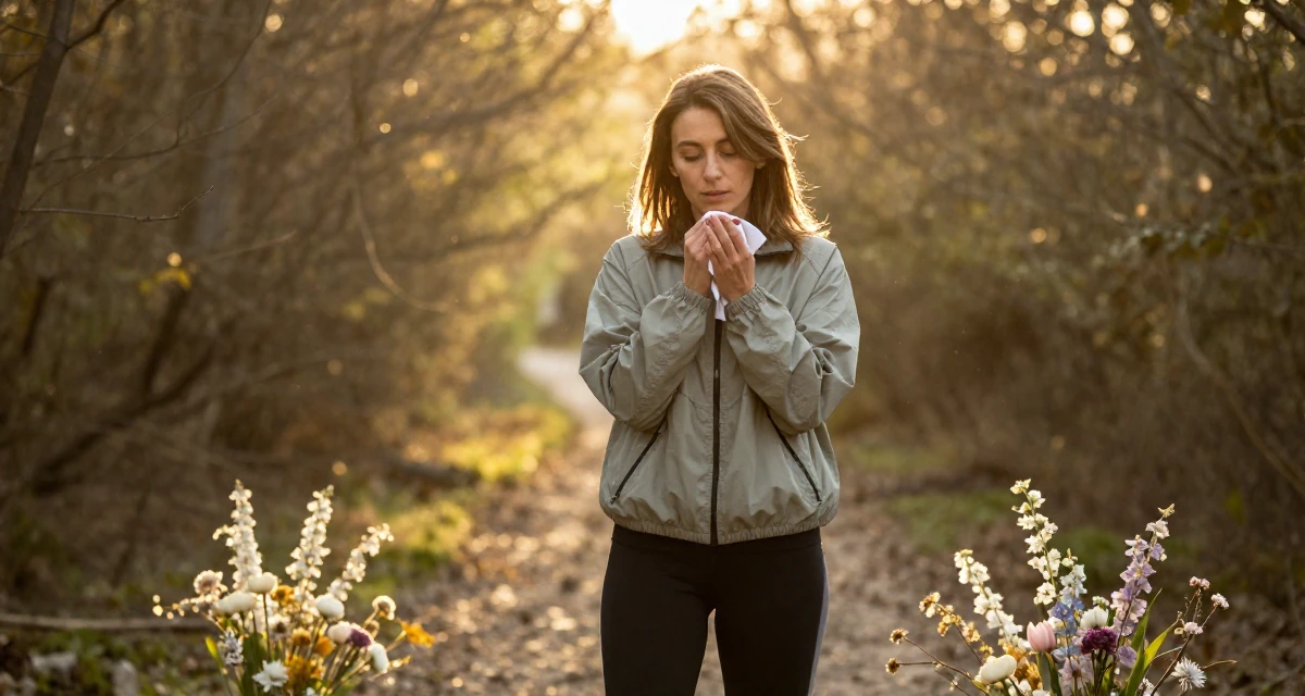 A solemn but kind Female From Lebanon, based in Beirut, graduated from a creative institute majoring in expressive photoshoot styling in their 50, launching a second act career with passion, wearing a sporty windbreaker and leggings, wiping hands in a forest path.