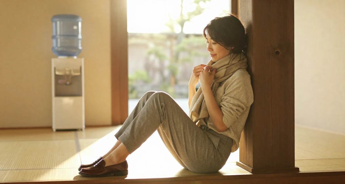 A quietly happy Female From Kyoto Japan, practiced artistic nude photography as self-expression in their 46, creating a sanctuary at home for relaxation, wearing a polished loafer and trousers look, adjusting a scarf in a museum exhibit.