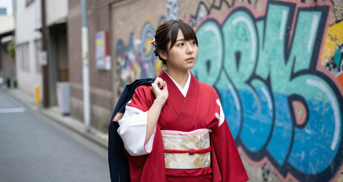 A relaxed and observant Female Former fashion retail worker, now curating premium outfit inspiration in their 22, managing emotional whiplash from fluctuating subscriber counts, wearing a traditional Japanese miko priestess robe in red and white, holding a jacket over a shoulder in a quiet alleyway.
