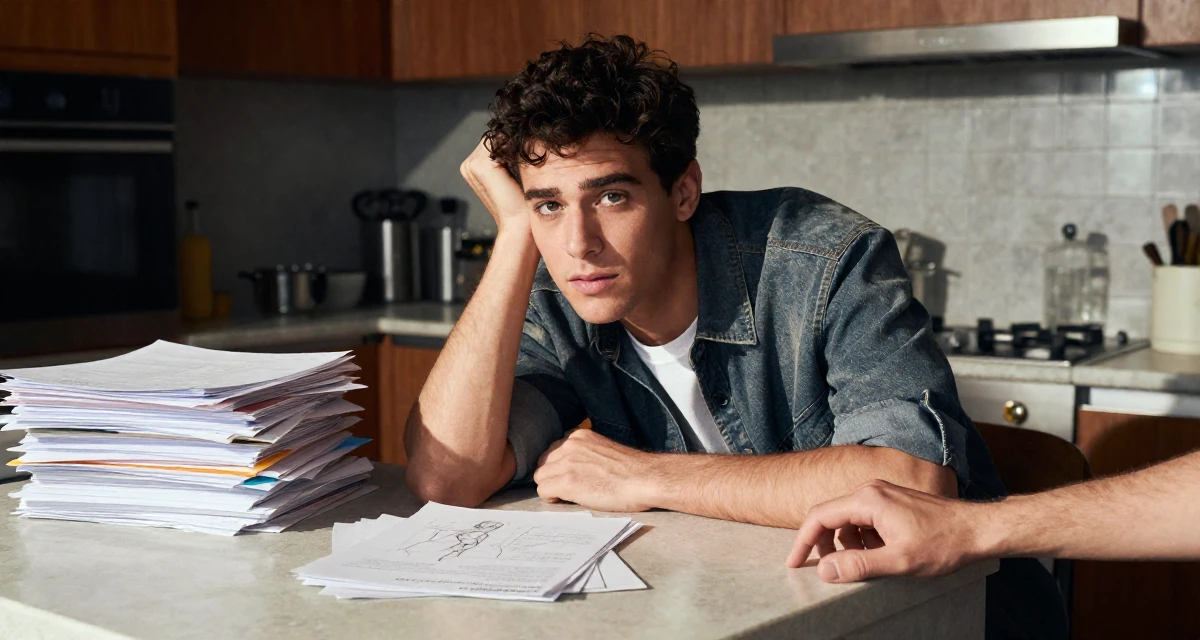 A observant male From Rome Italy, studied classical body aesthetics and figure drawing in their 24, understanding personal limits and staying safe, wearing a relaxed streetwear, holding hands with someone unseen in a sunlit kitchen island.