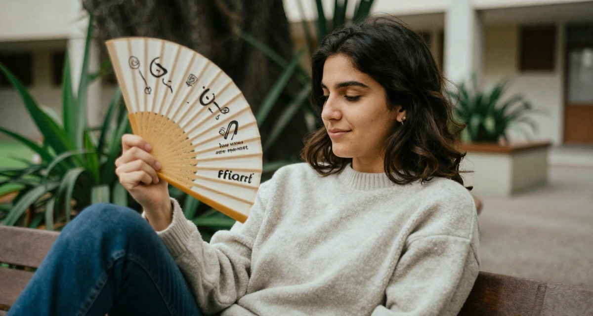 A positive Female From Argentina, studied digital illustration at a local art institute in their 23, learning the pain of “low views after high effort”, wearing a cozy fleece pullover, fanning self with a hand in a university campus.