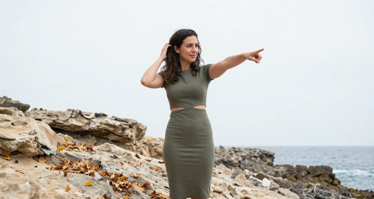 A softly smiling Female Born in Cyprus, studied tourism development in their 28, realizing rebranding is emotionally draining, wearing a fitted midi dress with a cutout at the waist, fixing a loose strand of hair in a rocky ocean cliff.
