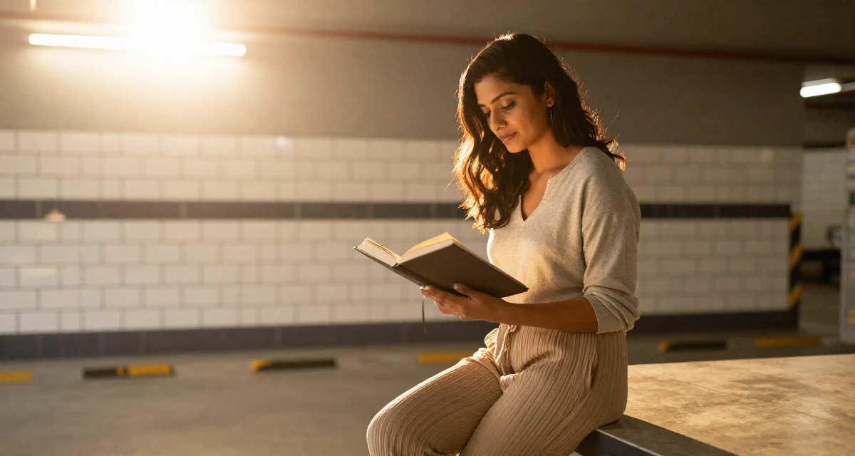 A self-assured Female Born in India, studied data analytics for media in their 33, feeling a deep sense of gratitude and grounding, wearing a relaxed fit pleated trousers, opening a book in a underground parking garage.
