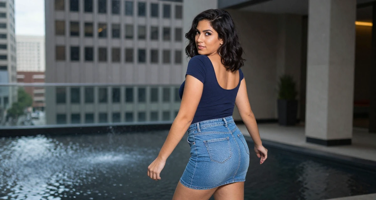 A coy Female From Houston USA, majored in psychology in their 25, fully owning a bold, seductive creator identity, wearing a fitted scoop neck tee and a denim mini skirt, shifting weight impatiently in a modern skyscraper lobby.