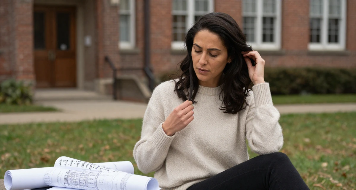 A dignified Female Once a calligraphy hobbyist, now integrating art into sensual themes in their 44, advocate for financial literacy for women, wearing a soft cashmere sweater look, fixing a loose strand of hair in a university campus.