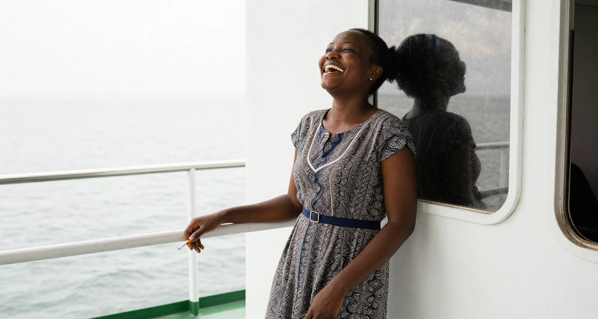 A soft Female Born in Kenya, majored in mathematics education in their 21, laughing openly with head thrown back, wearing a sophisticated midi dress, holding a cigarette (lit or unlit) in a ferry deck.