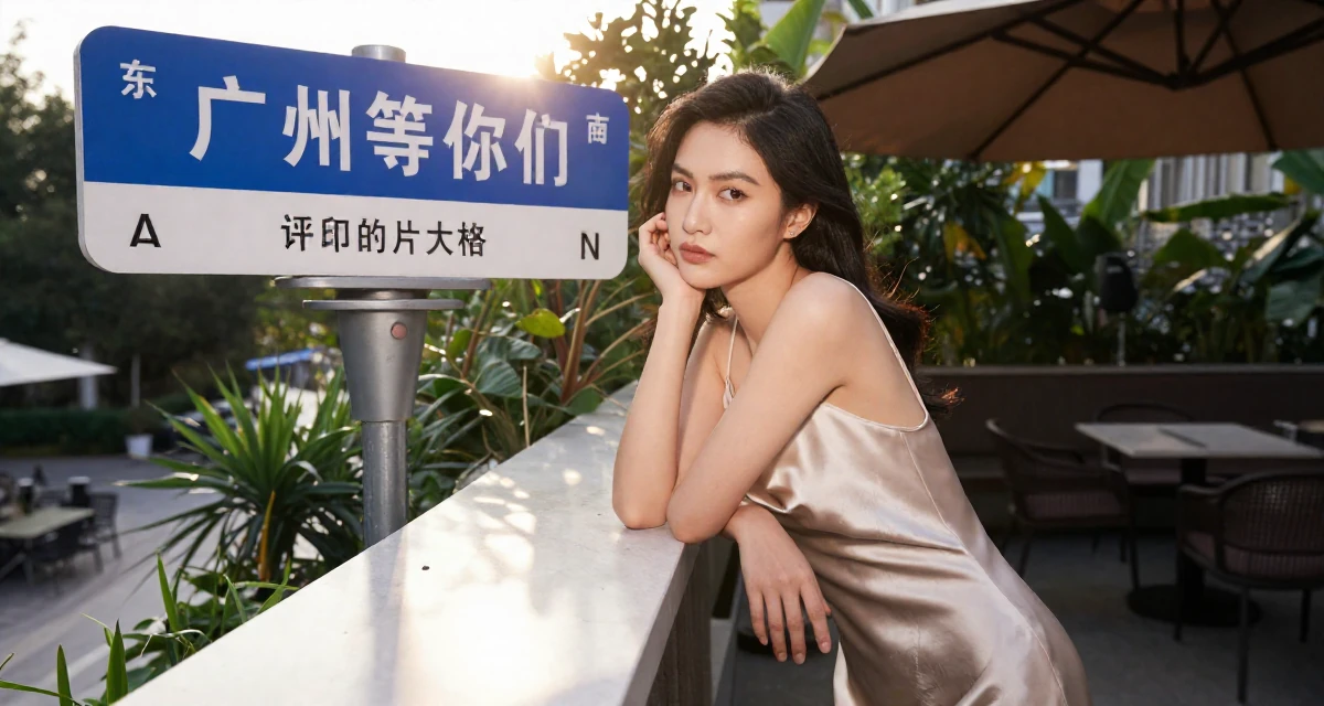 A teasing Female From Guangzhou China, learned fashion styling through studio work in their 21, hiding insecurity behind a perfect makeup look, wearing a silk slip dress in a soft neutral tone, looking at a street sign in a garden patio.